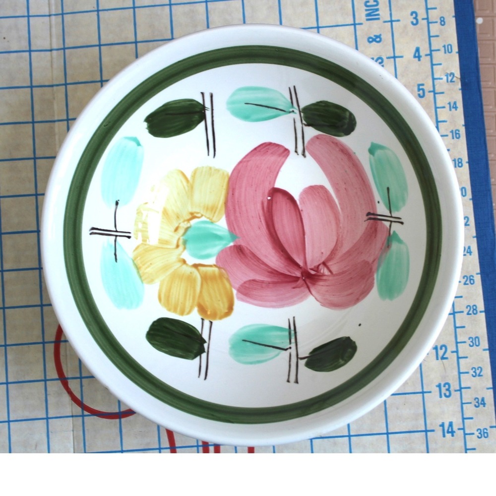 Rossini Japan Ironstone Serving Bowl Hand Painted Floral Pink Yellow 9 Inch MCM‎